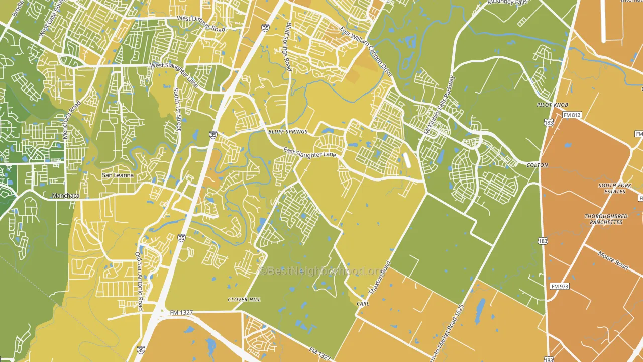 Map of the best neighborhoods in the 78747 area, with better matches in green and worse matches in red