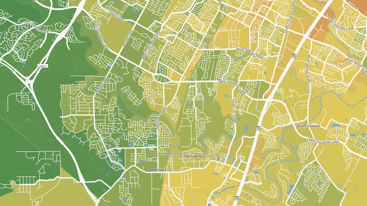 Map of the best neighborhoods in the 78748 area, with better matches in green and worse matches in red