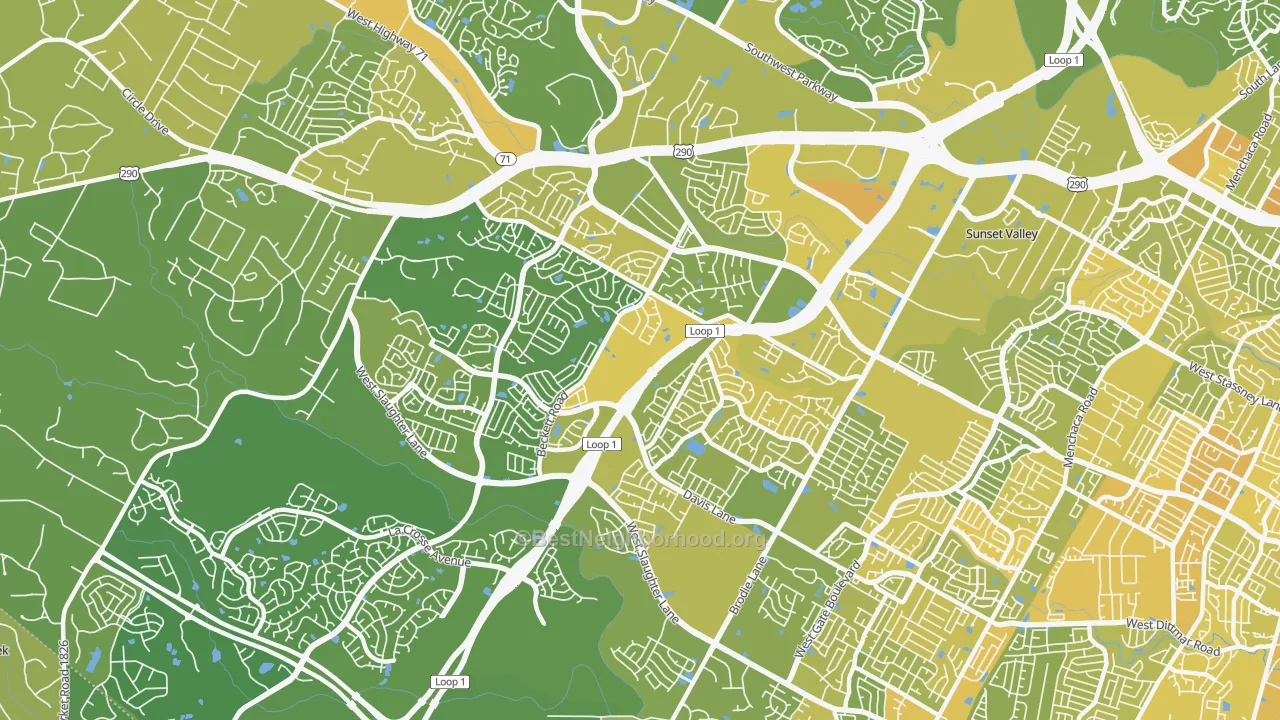 Map of the best neighborhoods in the 78749 area, with better matches in green and worse matches in red