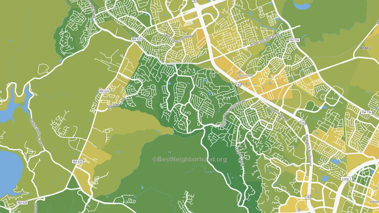 Map of the best neighborhoods in the 78750 area, with better matches in green and worse matches in red