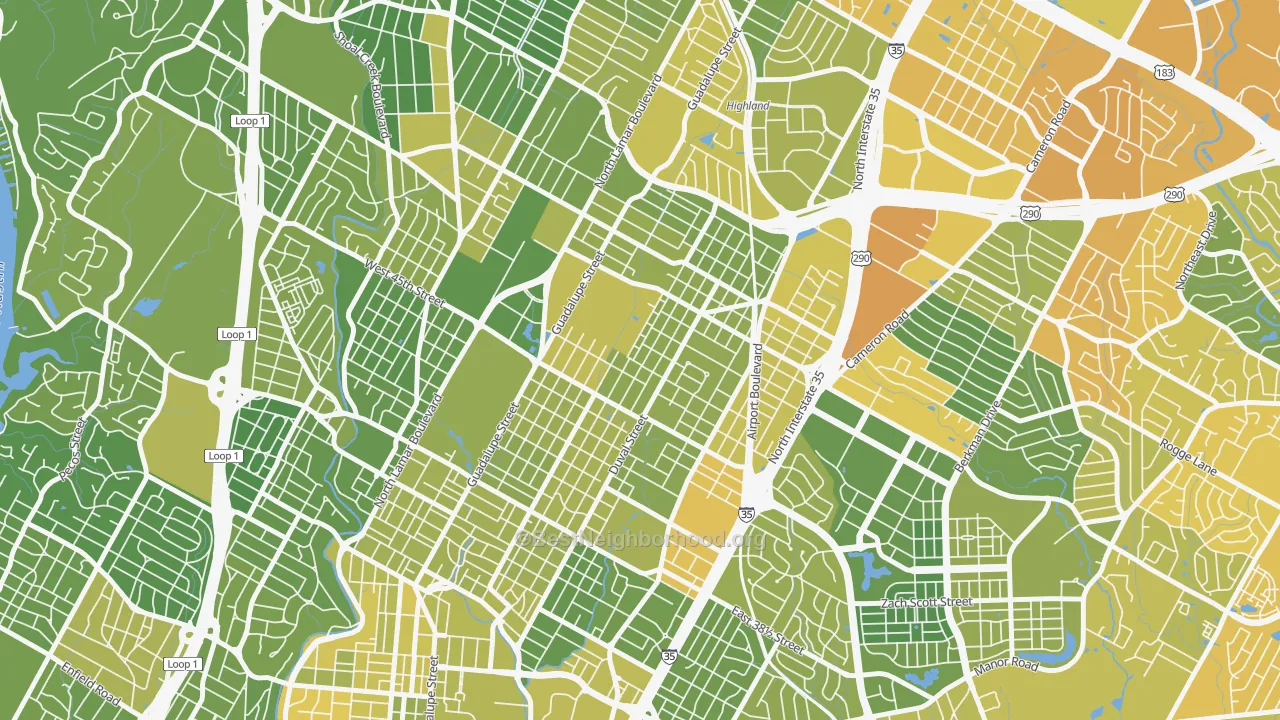 Map of the best neighborhoods in the 78751 area, with better matches in green and worse matches in red