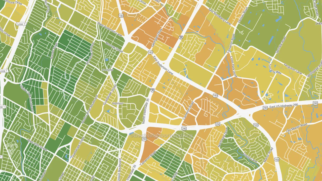 Map of the best neighborhoods in the 78752 area, with better matches in green and worse matches in red