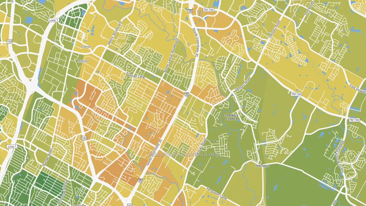Map of the best neighborhoods in the 78753 area, with better matches in green and worse matches in red