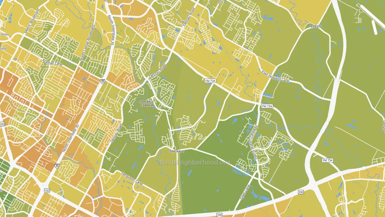 Map of the best neighborhoods in the 78754 area, with better matches in green and worse matches in red
