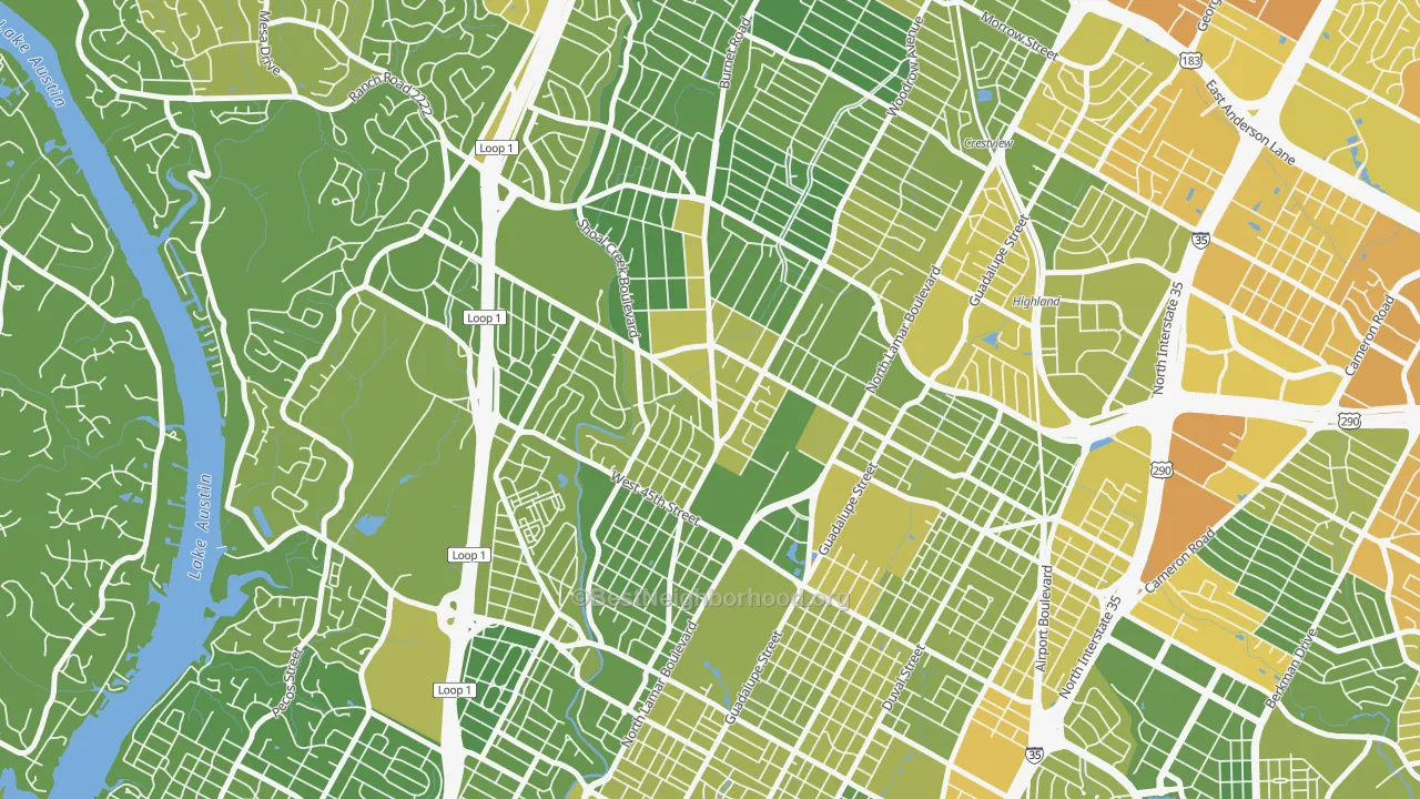 Map of the best neighborhoods in the 78756 area, with better matches in green and worse matches in red