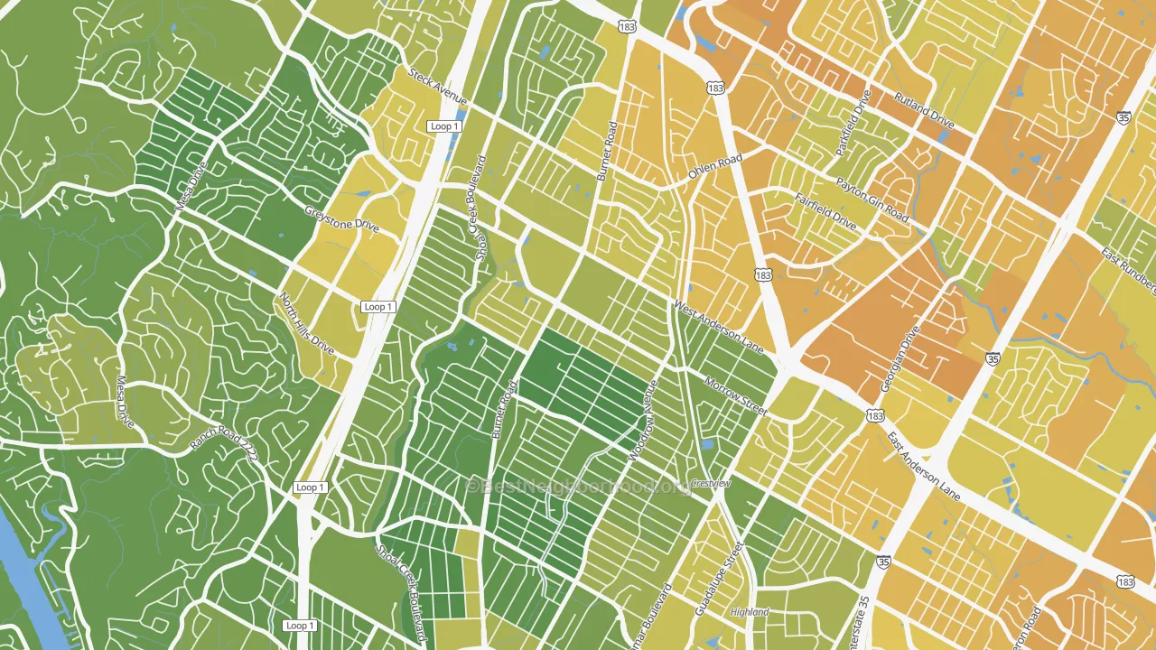 Map of the best neighborhoods in the 78757 area, with better matches in green and worse matches in red
