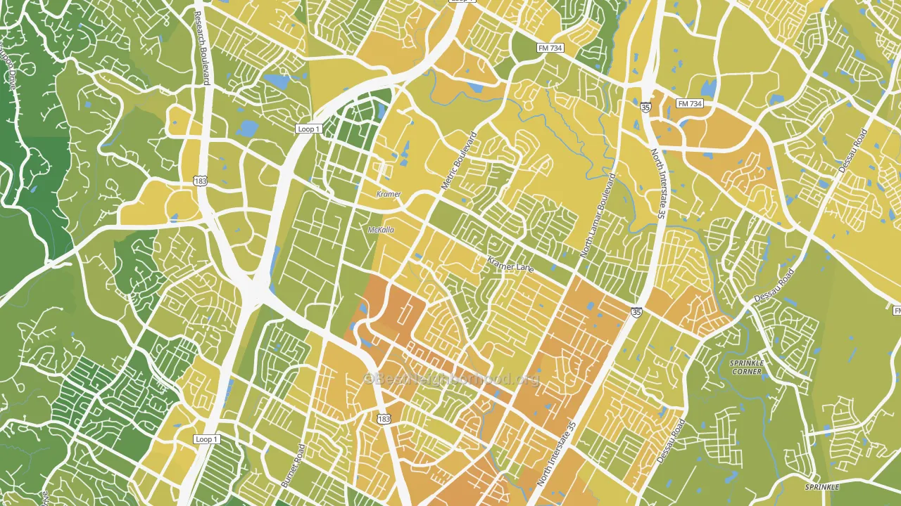 Map of the best neighborhoods in the 78758 area, with better matches in green and worse matches in red