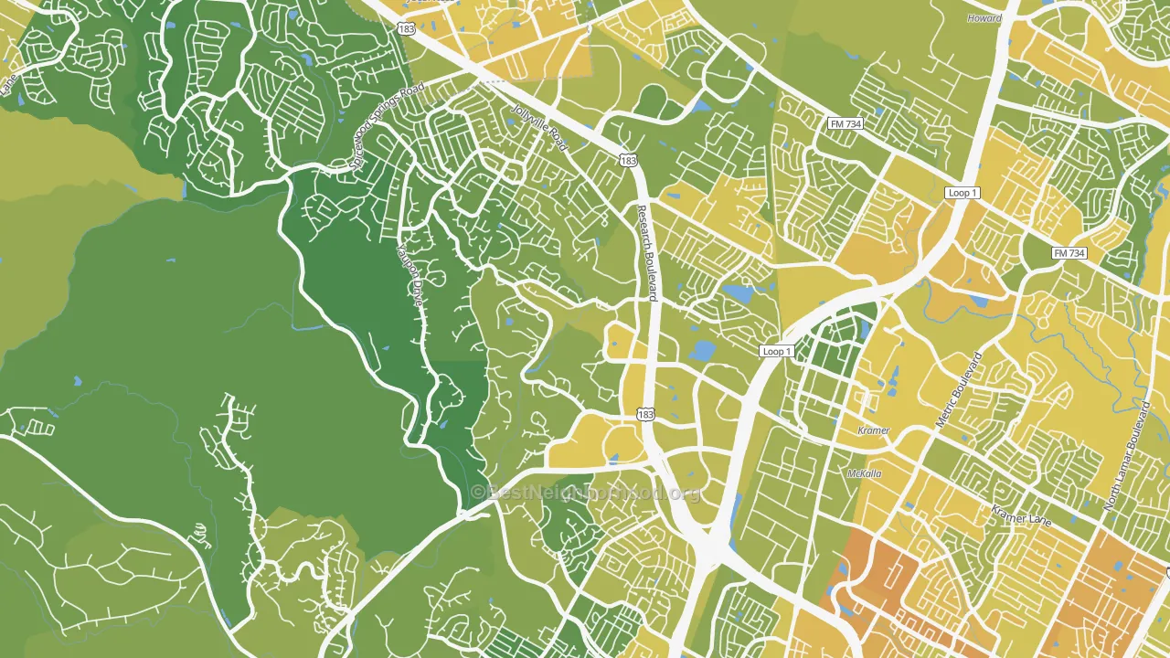 Map of the best neighborhoods in the 78759 area, with better matches in green and worse matches in red