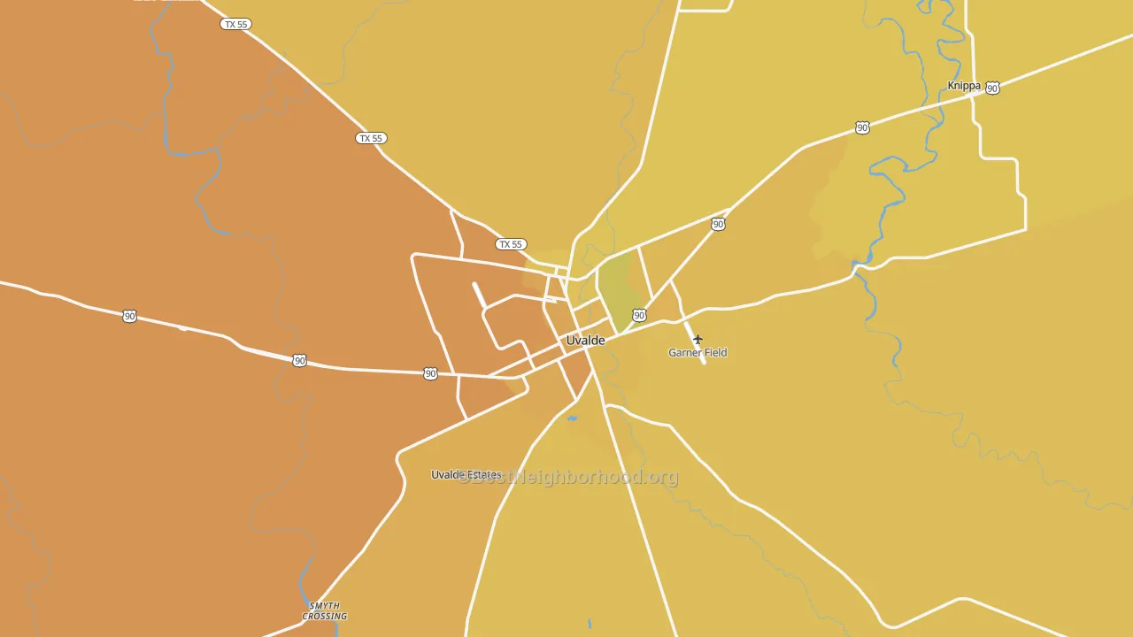 Map of the best neighborhoods in the 78801 area, with better matches in green and worse matches in red