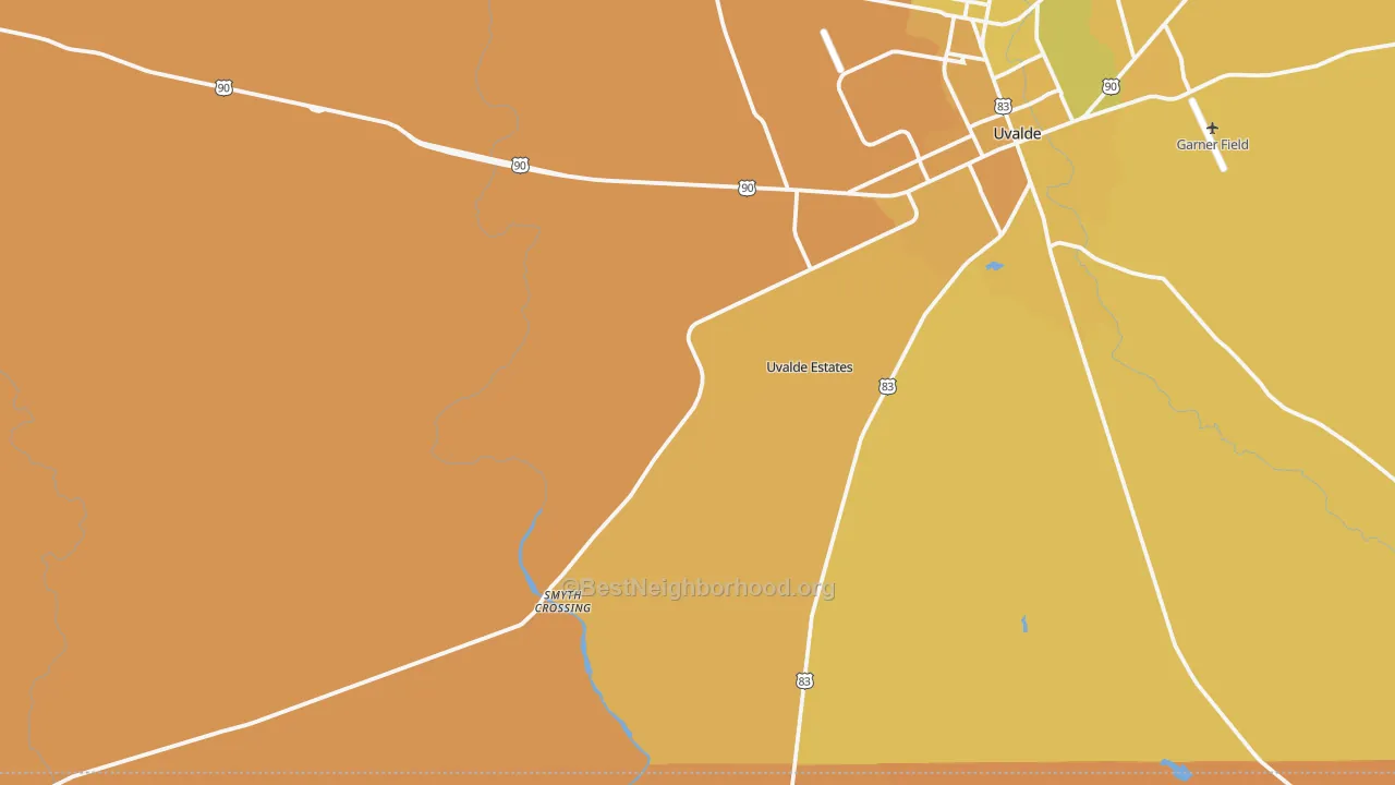 Map of the best neighborhoods in the 78802 area, with better matches in green and worse matches in red