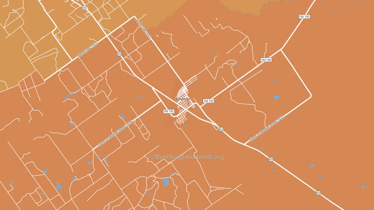 Map of the best neighborhoods in the 78827 area, with better matches in green and worse matches in red
