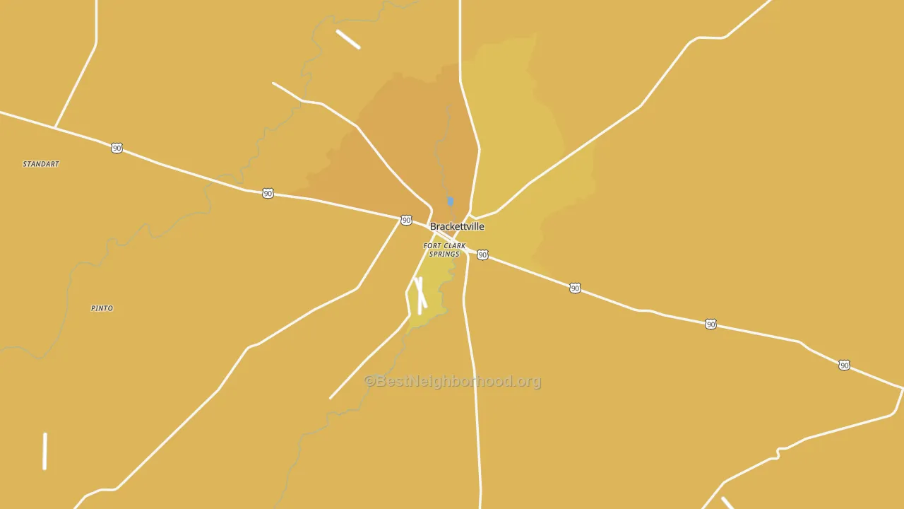 Map of the best neighborhoods in the 78832 area, with better matches in green and worse matches in red