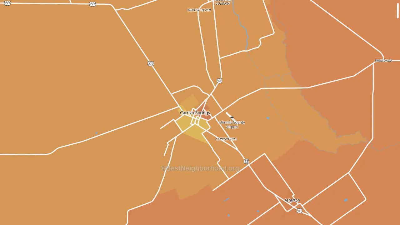 Map of the best neighborhoods in the 78834 area, with better matches in green and worse matches in red
