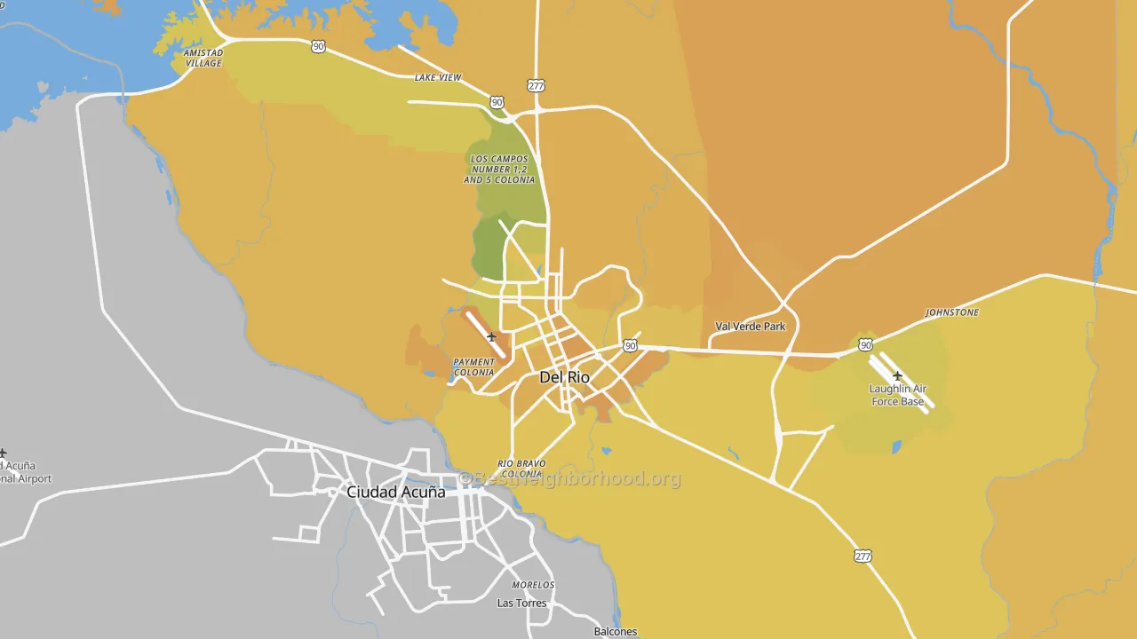Map of the best neighborhoods in the 78840 area, with better matches in green and worse matches in red