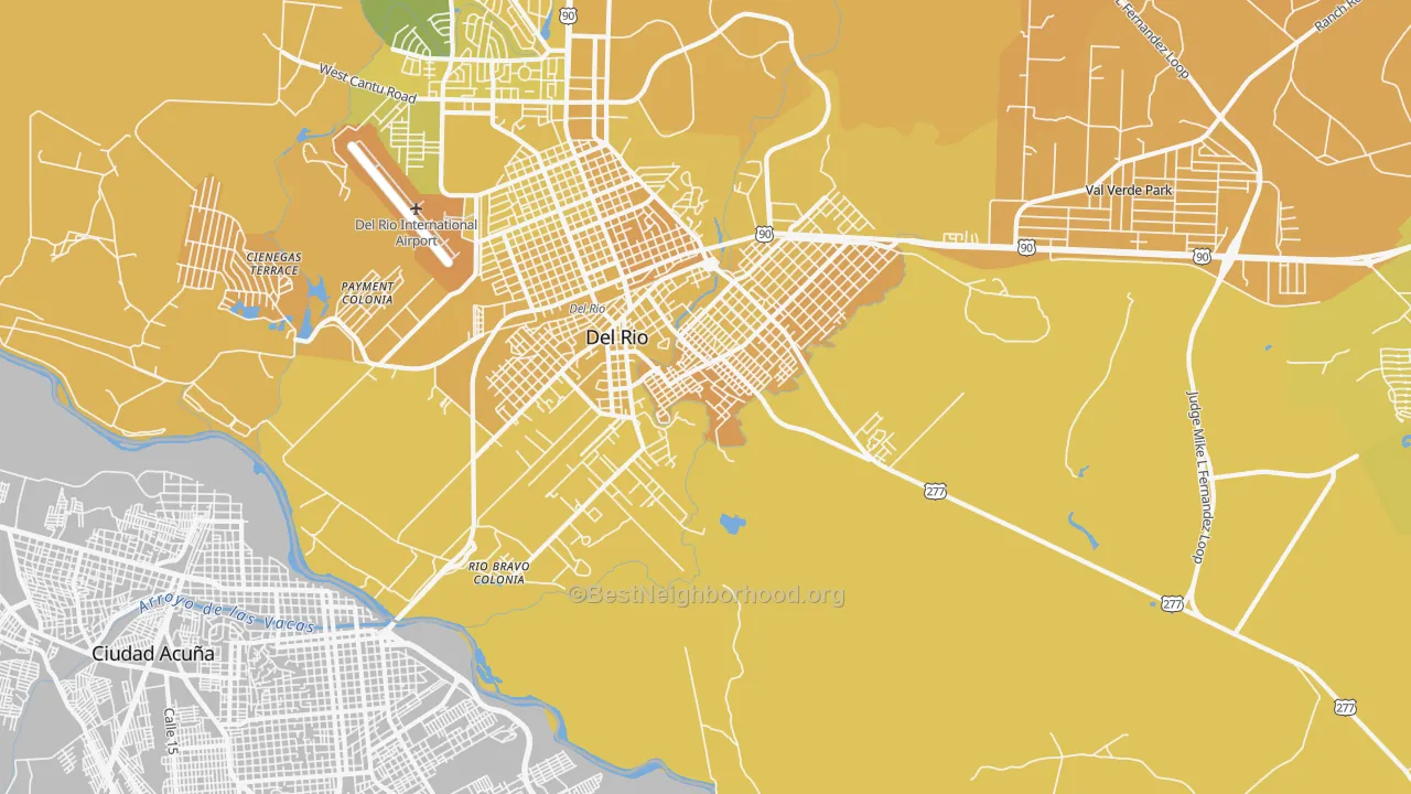 Map of the best neighborhoods in the 78841 area, with better matches in green and worse matches in red