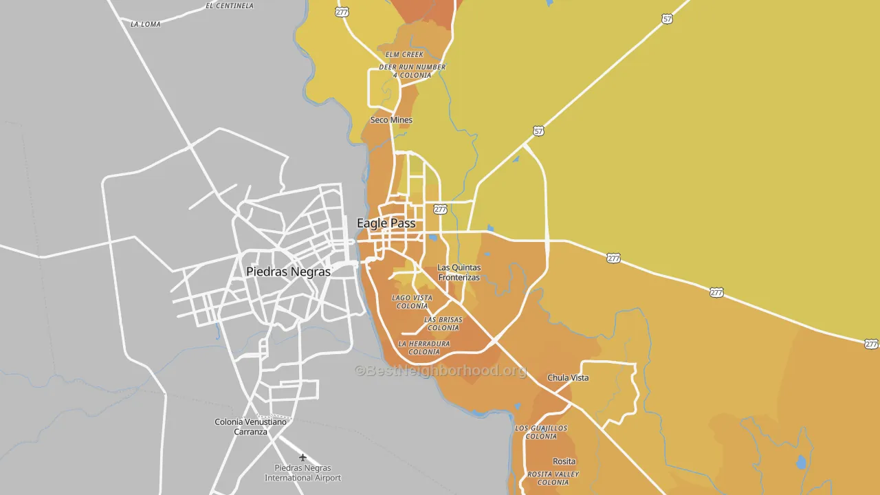 Map of the best neighborhoods in the 78852 area, with better matches in green and worse matches in red