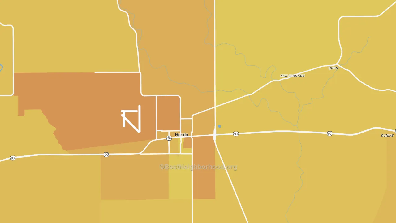 Map of the best neighborhoods in the 78861 area, with better matches in green and worse matches in red