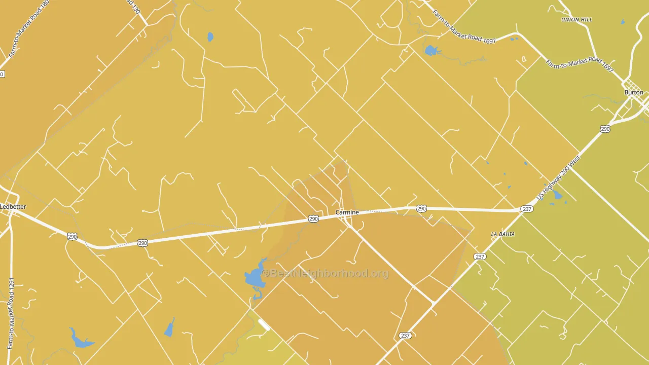 Map of the best neighborhoods in the 78932 area, with better matches in green and worse matches in red