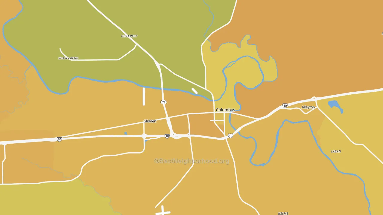 Map of the best neighborhoods in the 78934 area, with better matches in green and worse matches in red