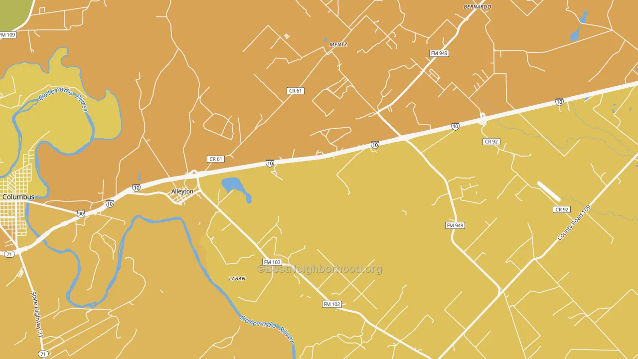 Map of the best neighborhoods in the 78935 area, with better matches in green and worse matches in red