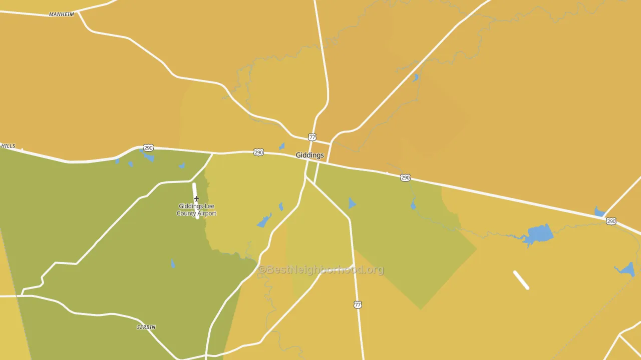 Map of the best neighborhoods in the 78942 area, with better matches in green and worse matches in red