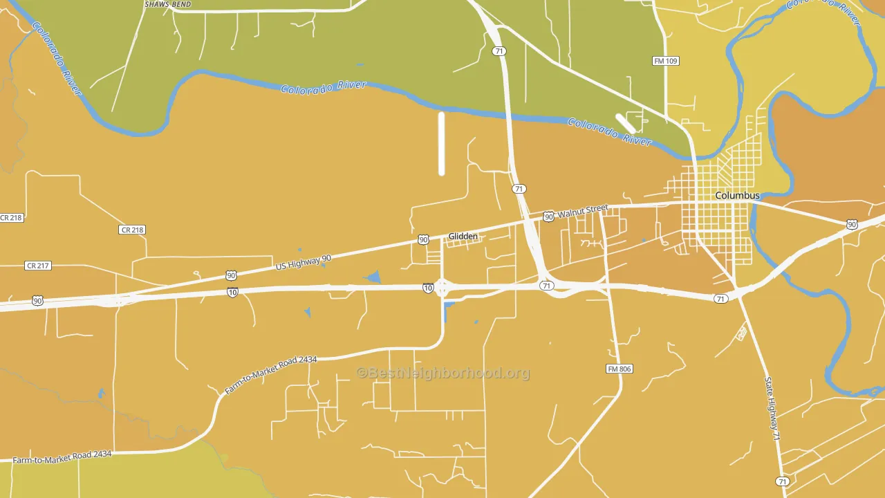 Map of the best neighborhoods in the 78943 area, with better matches in green and worse matches in red