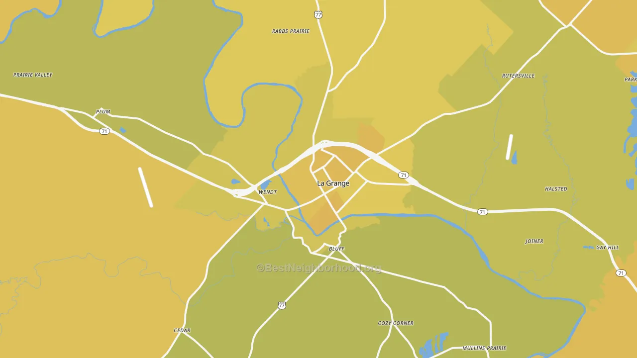 Map of the best neighborhoods in the 78945 area, with better matches in green and worse matches in red