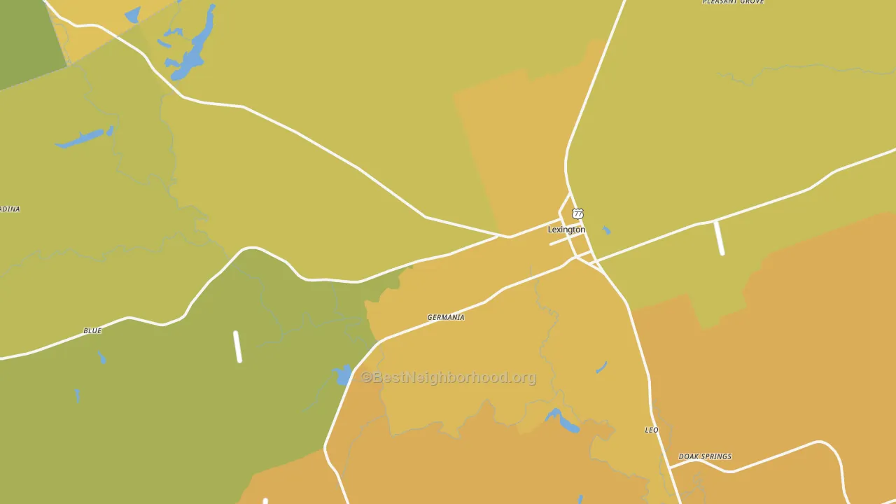 Map of the best neighborhoods in the 78947 area, with better matches in green and worse matches in red