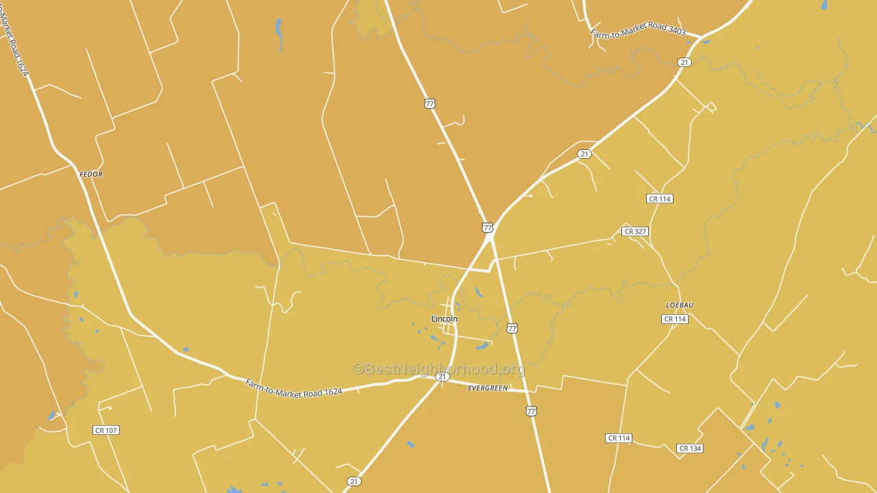 Map of the best neighborhoods in the 78948 area, with better matches in green and worse matches in red