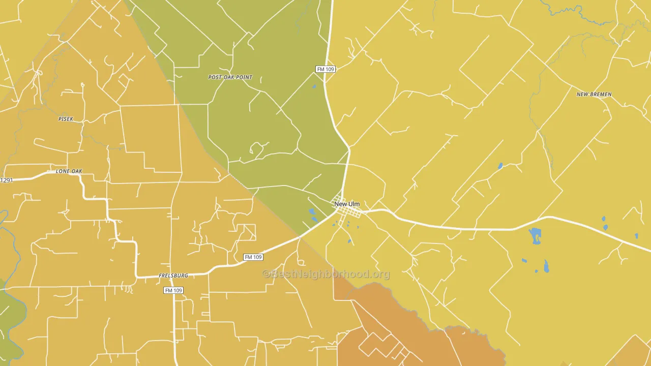 Map of the best neighborhoods in the 78950 area, with better matches in green and worse matches in red