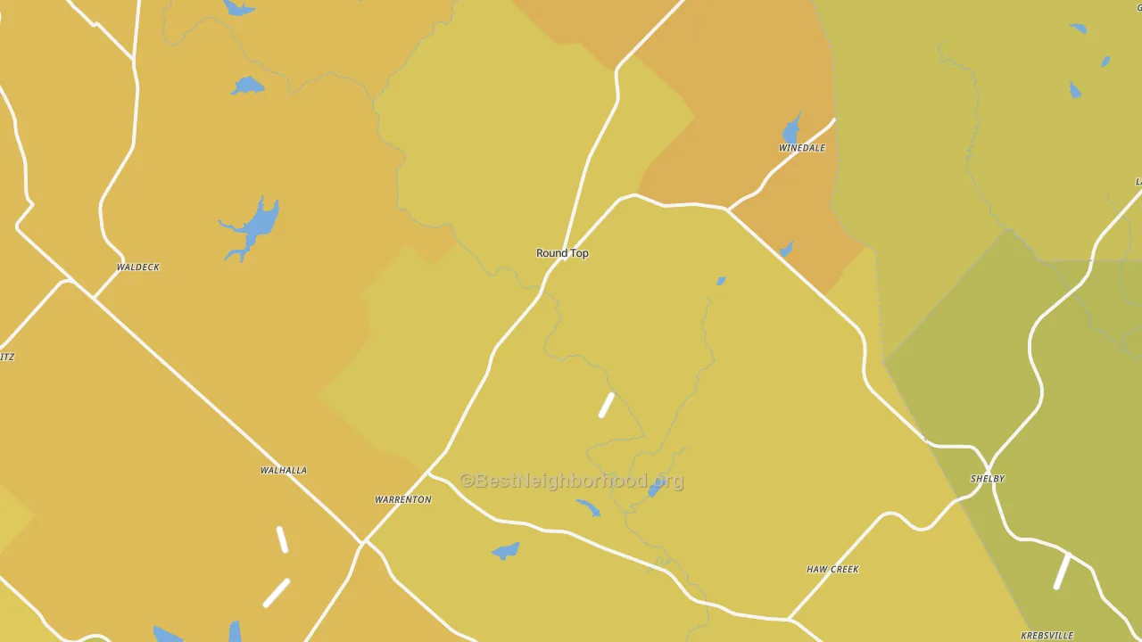 Map of the best neighborhoods in the 78954 area, with better matches in green and worse matches in red