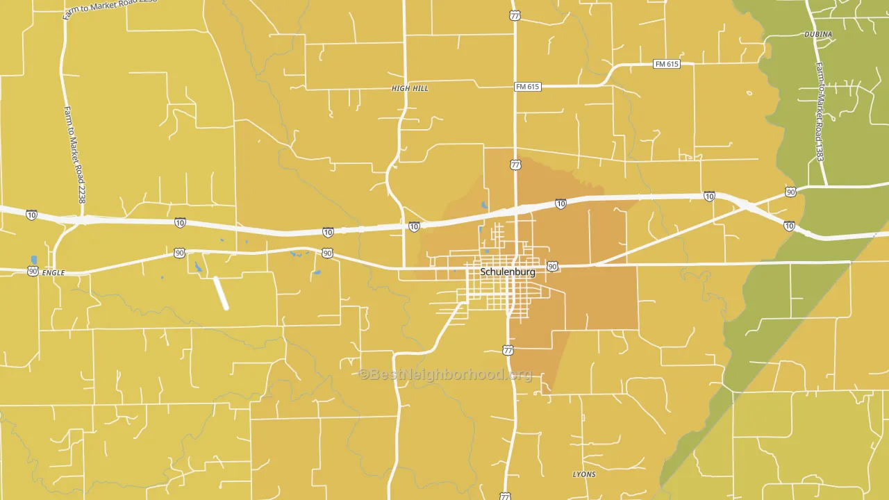 Map of the best neighborhoods in the 78956 area, with better matches in green and worse matches in red