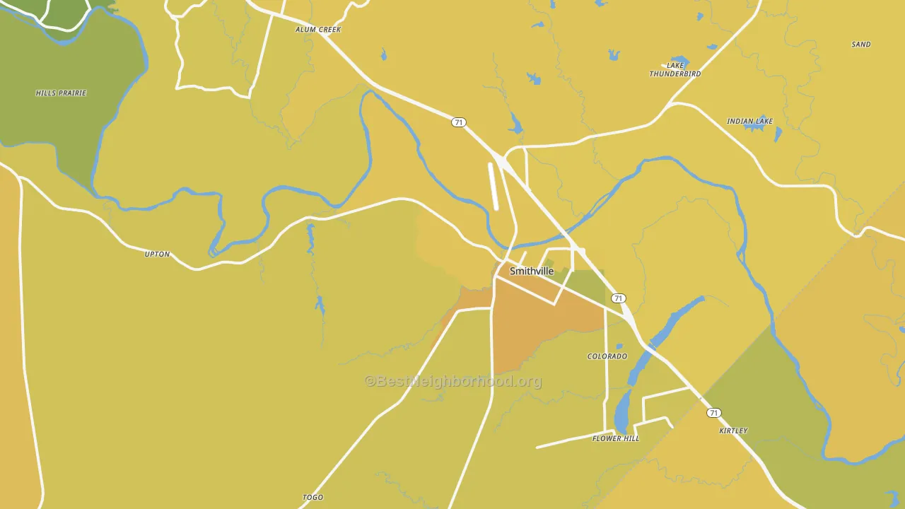 Map of the best neighborhoods in the 78957 area, with better matches in green and worse matches in red