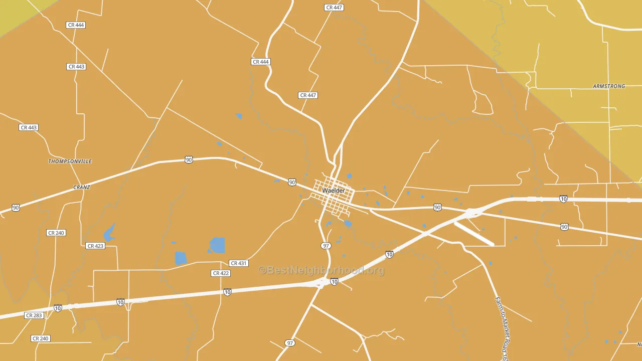 Map of the best neighborhoods in the 78959 area, with better matches in green and worse matches in red