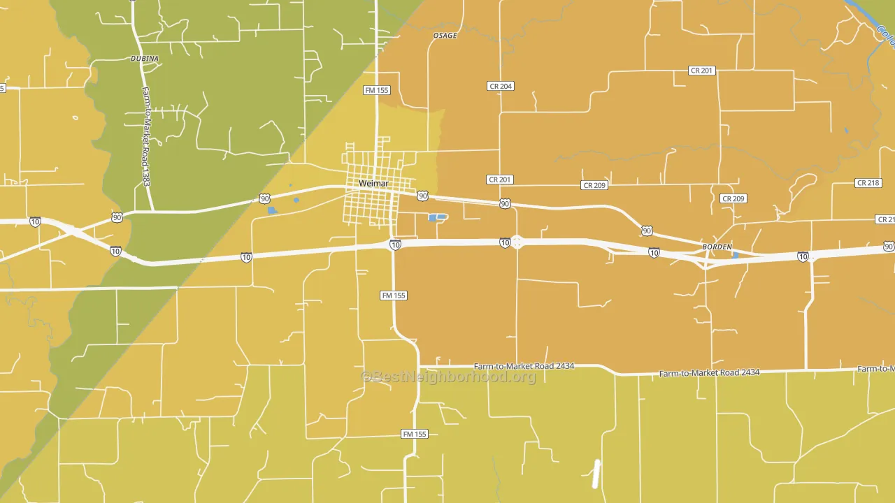Map of the best neighborhoods in the 78962 area, with better matches in green and worse matches in red