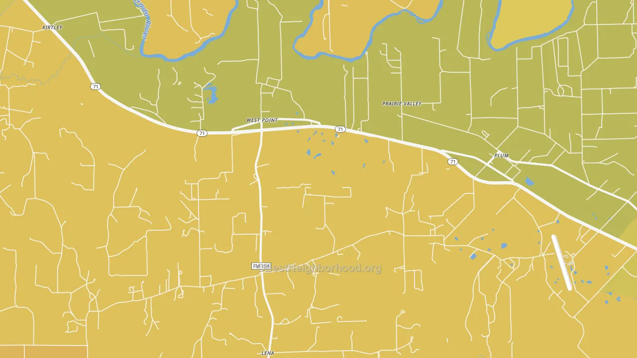 Map of the best neighborhoods in the 78963 area, with better matches in green and worse matches in red