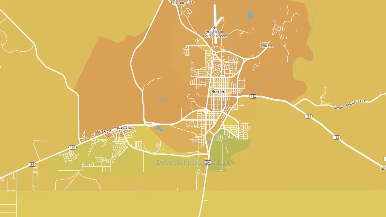 Map of the best neighborhoods in the 79007 area, with better matches in green and worse matches in red