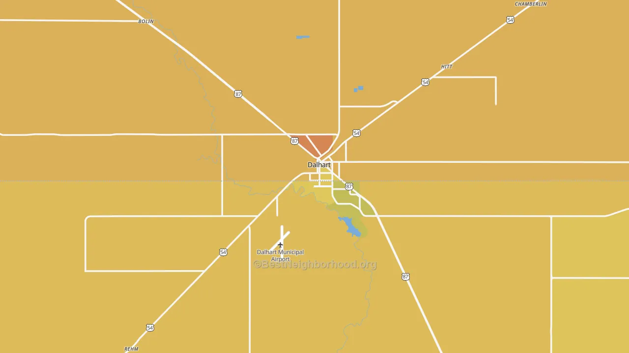 Map of the best neighborhoods in the 79022 area, with better matches in green and worse matches in red