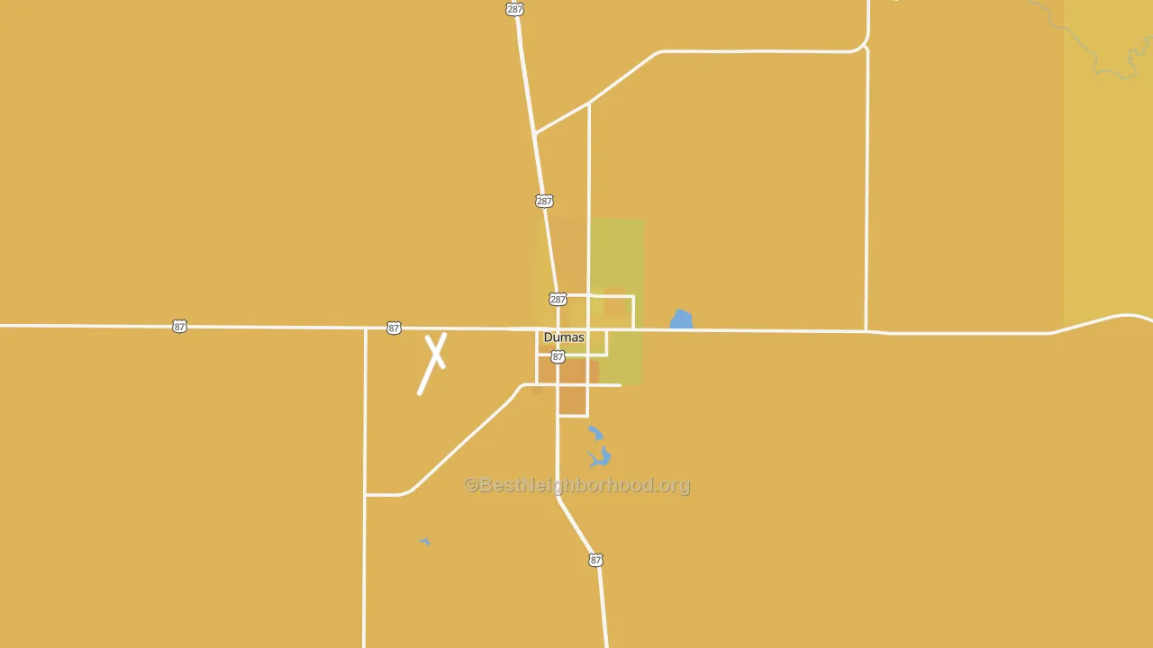 Map of the best neighborhoods in the 79029 area, with better matches in green and worse matches in red