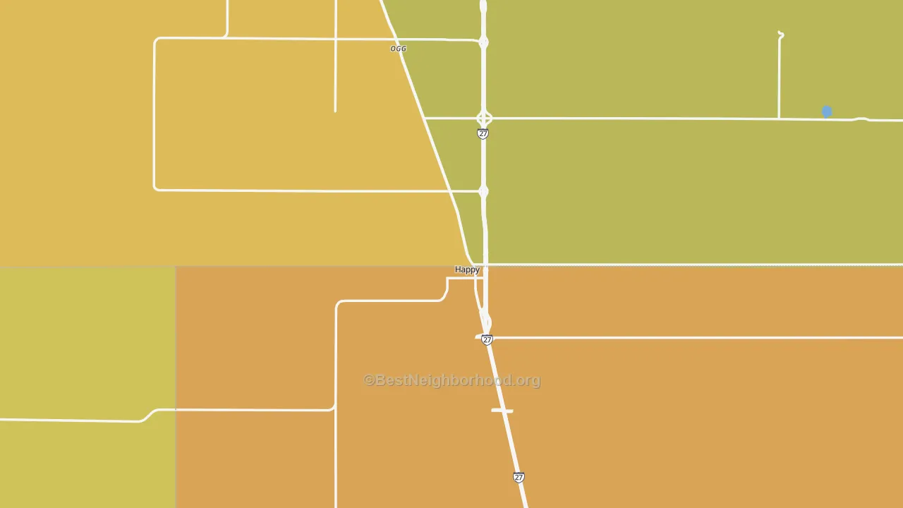 Map of the best neighborhoods in the 79042 area, with better matches in green and worse matches in red