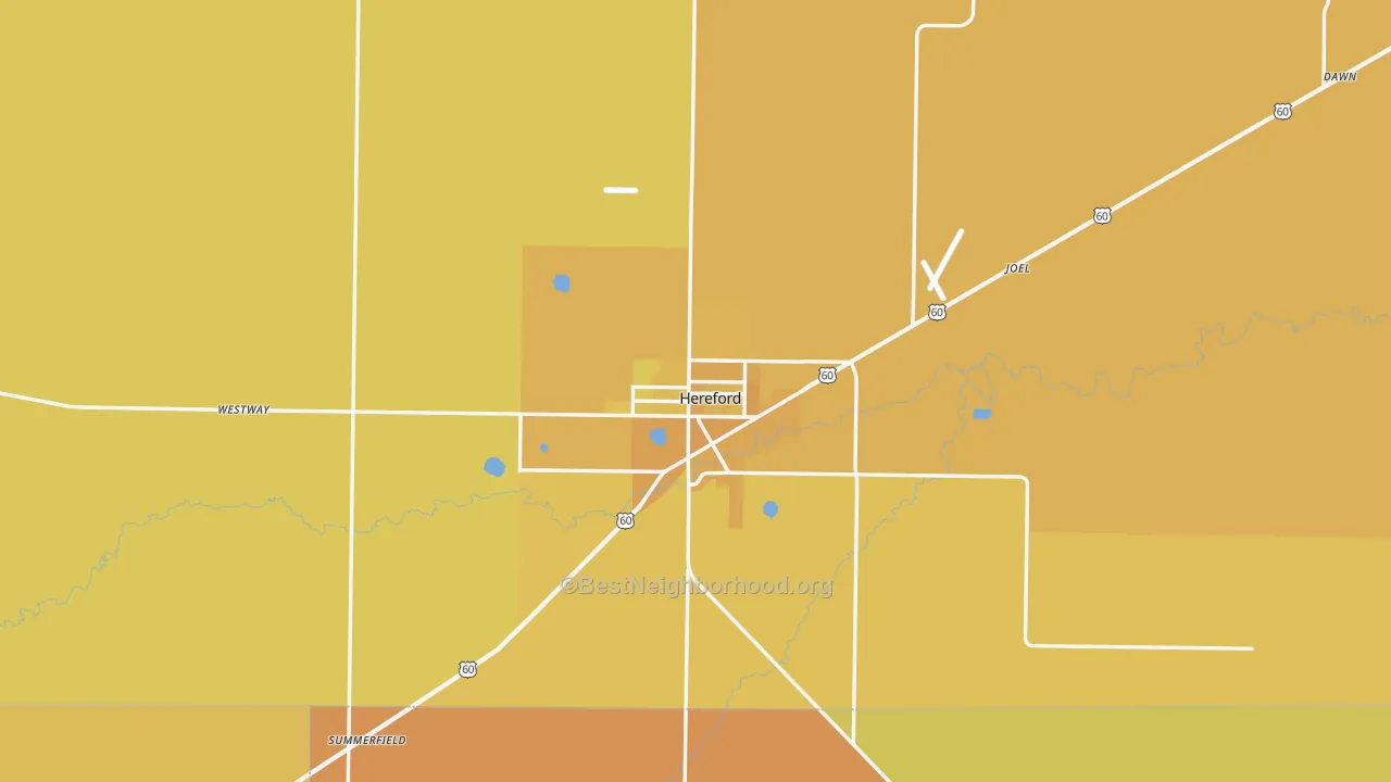 Map of the best neighborhoods in the 79045 area, with better matches in green and worse matches in red