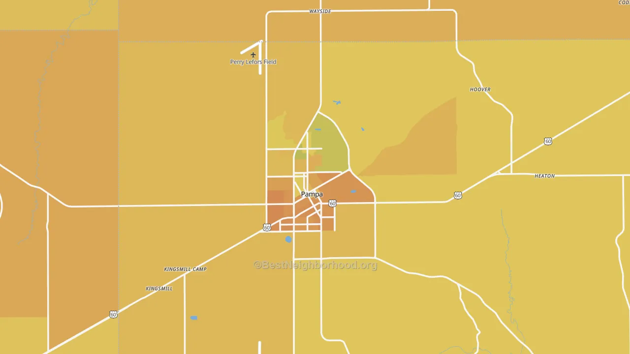 Map of the best neighborhoods in the 79065 area, with better matches in green and worse matches in red