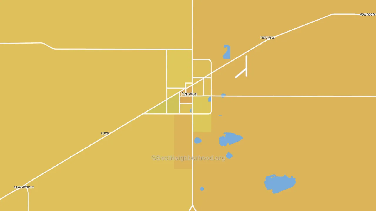 Map of the best neighborhoods in the 79070 area, with better matches in green and worse matches in red