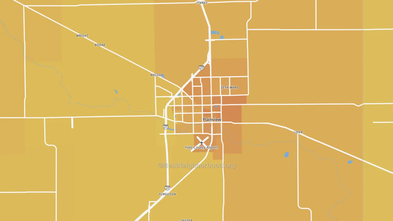 Map of the best neighborhoods in the 79072 area, with better matches in green and worse matches in red