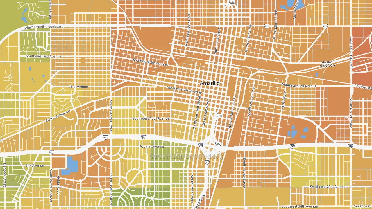 Map of the best neighborhoods in the 79101 area, with better matches in green and worse matches in red