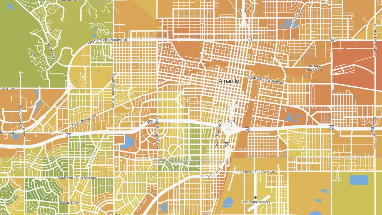 Map of the best neighborhoods in the 79102 area, with better matches in green and worse matches in red