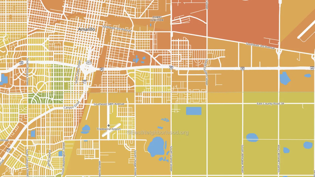 Map of the best neighborhoods in the 79103 area, with better matches in green and worse matches in red