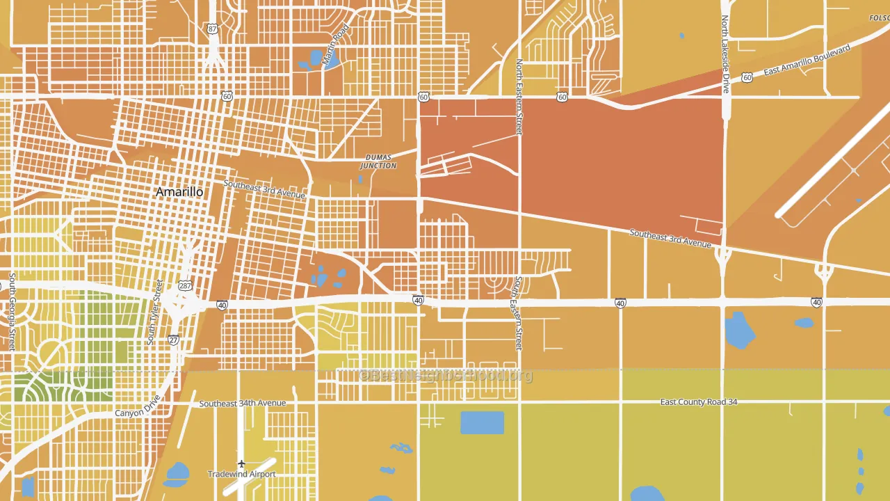 Map of the best neighborhoods in the 79104 area, with better matches in green and worse matches in red