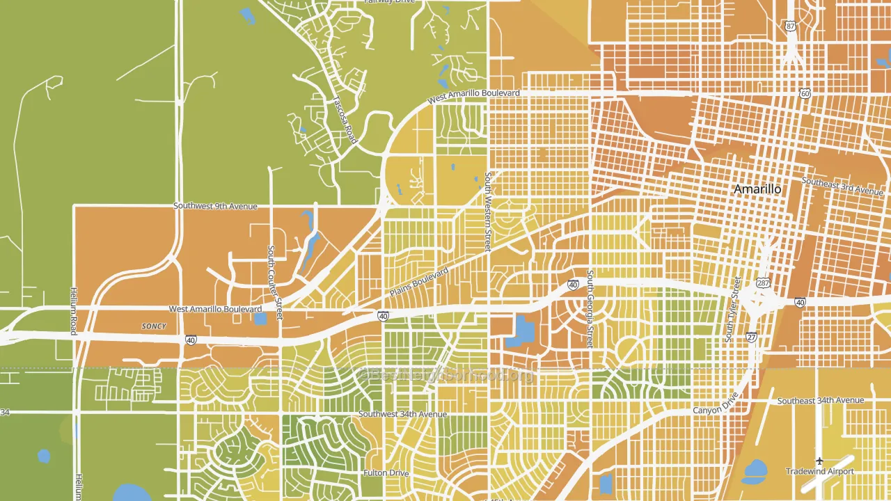 Map of the best neighborhoods in the 79106 area, with better matches in green and worse matches in red