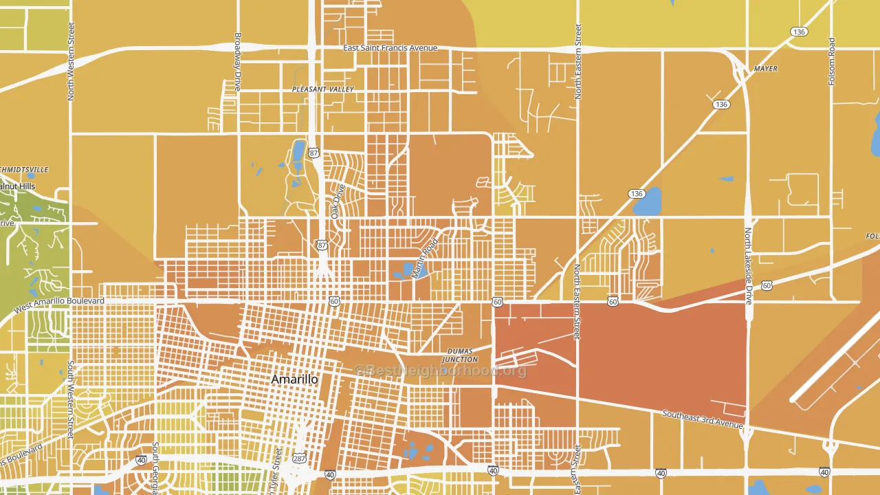 Map of the best neighborhoods in the 79107 area, with better matches in green and worse matches in red